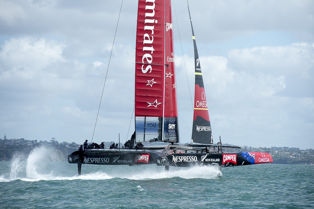 Emirates Team New Zealand, NZL5 takes to the air again on its second day sailing in Auckland. photo copyright Chris Cameron/ETNZ http://www.chriscameron.co.nz taken at  and featuring the  class