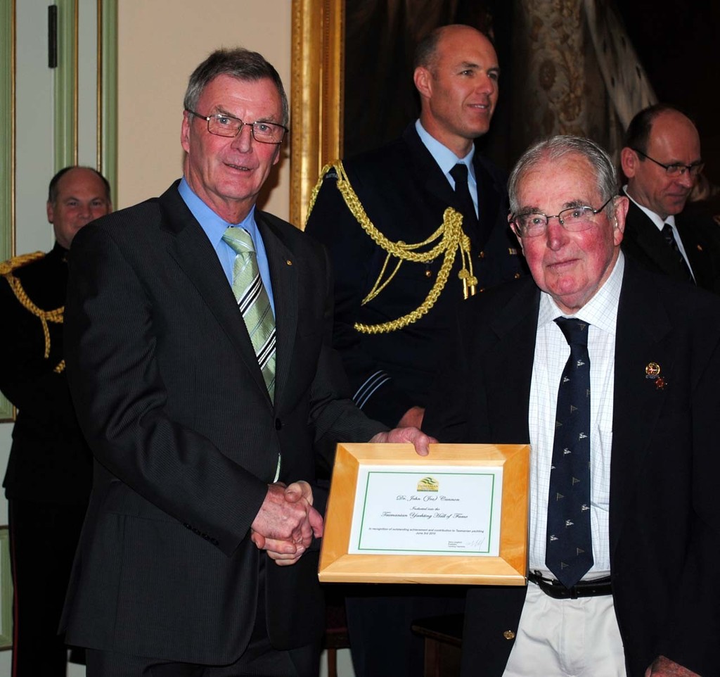 Dr Joe Cannon OAM being inducted into the Tasmanian Yachting Hall of Fame in 2010 by the Governor of Tasmania,  Peter Underwood AC photo copyright Peter Campbell taken at  and featuring the  class