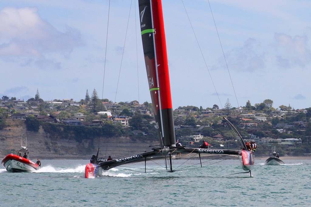 Team tender to starboard, Oracle spy boat to port - Emirates Team NZ - AC72 Aotearoa February 12, 2013 photo copyright Richard Gladwell www.photosport.co.nz taken at  and featuring the  class