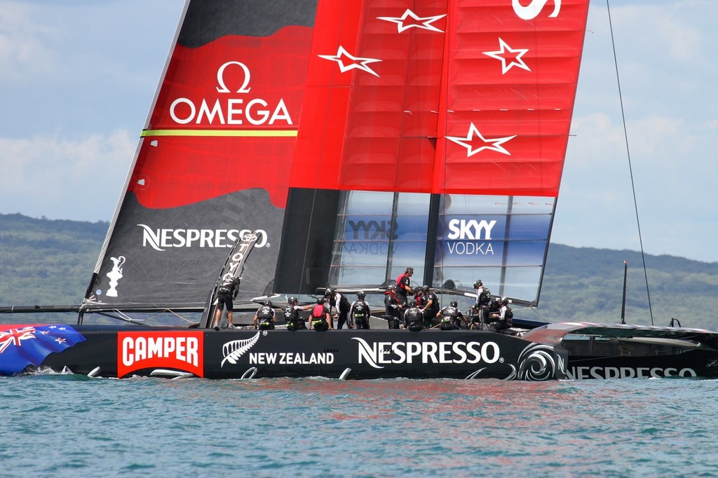 Setting up - Emirates Team NZ - AC72 Aotearoa February 12, 2013 photo copyright Richard Gladwell www.photosport.co.nz taken at  and featuring the  class