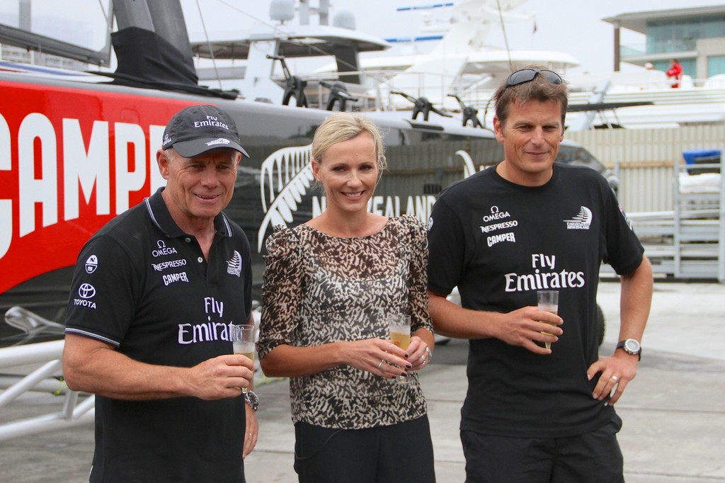 Grant Dalton, Mandy Barker and Dean Barker - Emirates Team NZ AC72 Launch February 4, 2013 photo copyright Richard Gladwell www.photosport.co.nz taken at  and featuring the  class