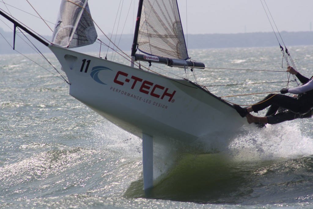 Alex Vallings on C-tech Performance launching through the finish line for the win - 12ft Skiff Interdominions - Races 6 and 7 photo copyright Richard Billett taken at  and featuring the  class