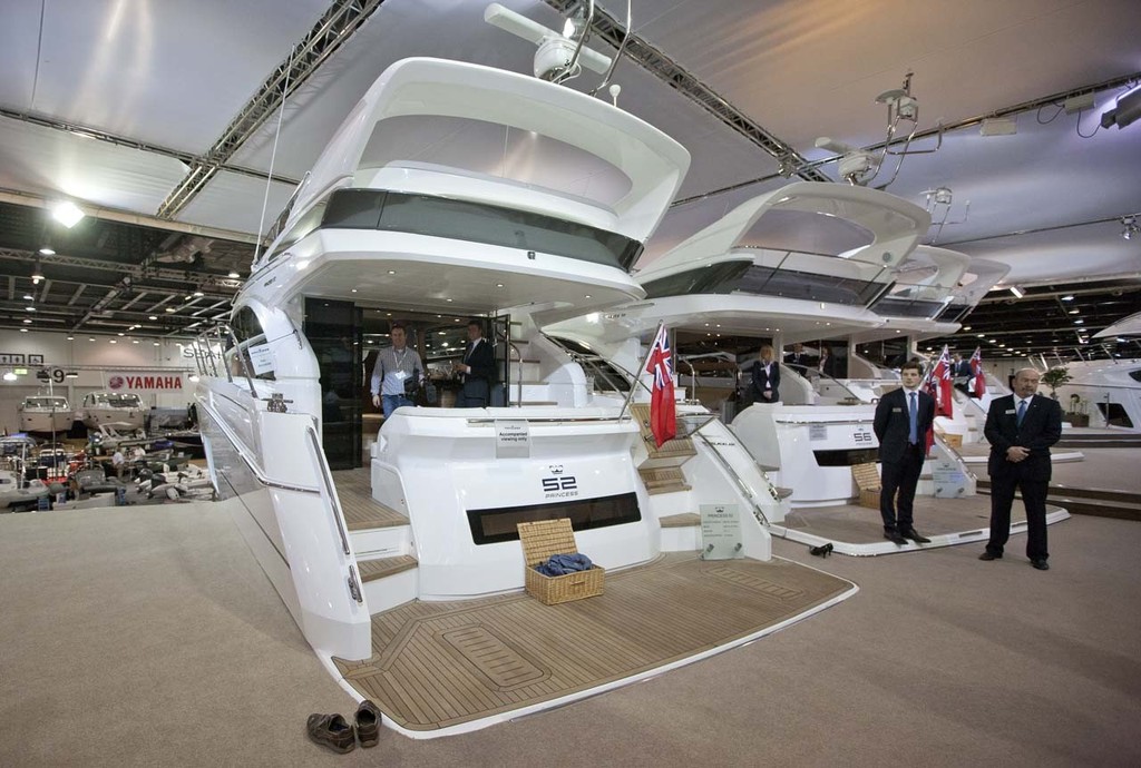 A 52 Princess Yacht on display for the global launch, at the Tullett Prebon London Boat Show, ExCeL, London. photo copyright onEdition http://www.onEdition.com taken at  and featuring the  class