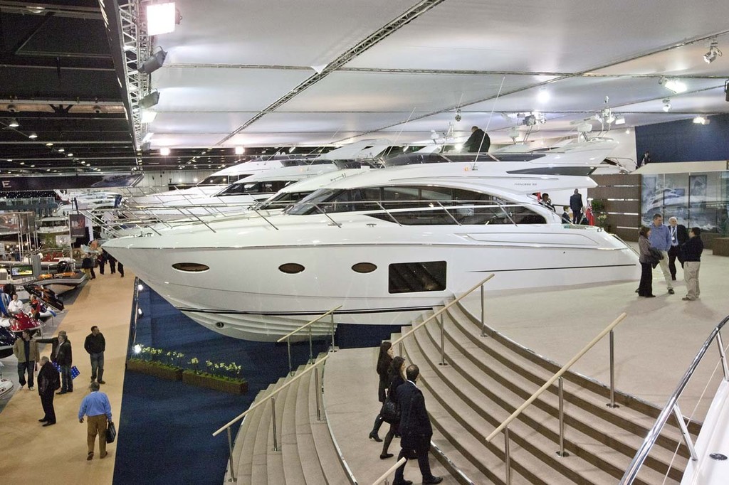 A 52 Princess Yacht on display for the global launch, at the Tullett Prebon London Boat Show, ExCeL, London. photo copyright onEdition http://www.onEdition.com taken at  and featuring the  class
