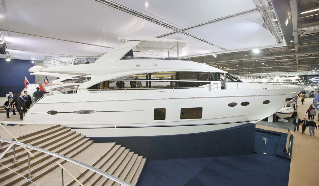 A 82 Princess Yacht on display for the global launch, at the Tullett Prebon London Boat Show, ExCeL, London. photo copyright onEdition http://www.onEdition.com taken at  and featuring the  class