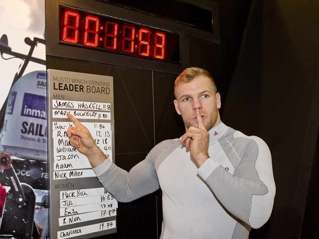 James Haskell sets a new record of 11.53 second on the Musto Winch Grinding Challenge at the Tullett Prebon London Boat Show, ExCeL, London. © onEdition http://www.onEdition.com