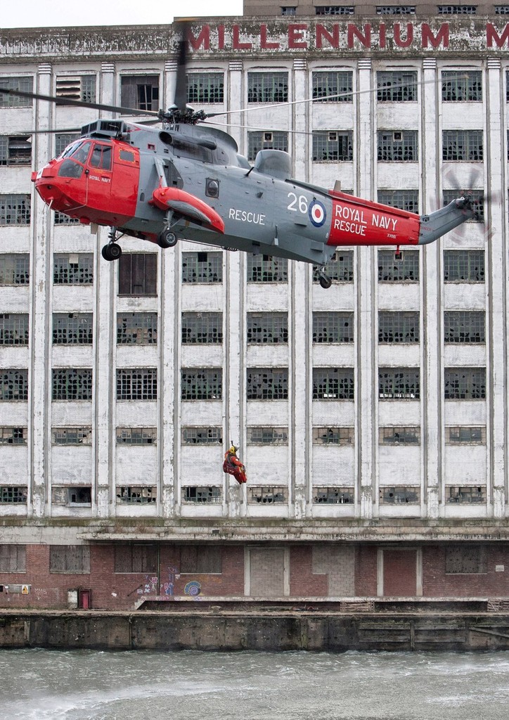 A Royal Navy Seaking does search and rescue demonstrations at the Tullett Prebon London Boat Show, ExCeL, London, as part of the 60th anniversary of S & R. © onEdition http://www.onEdition.com