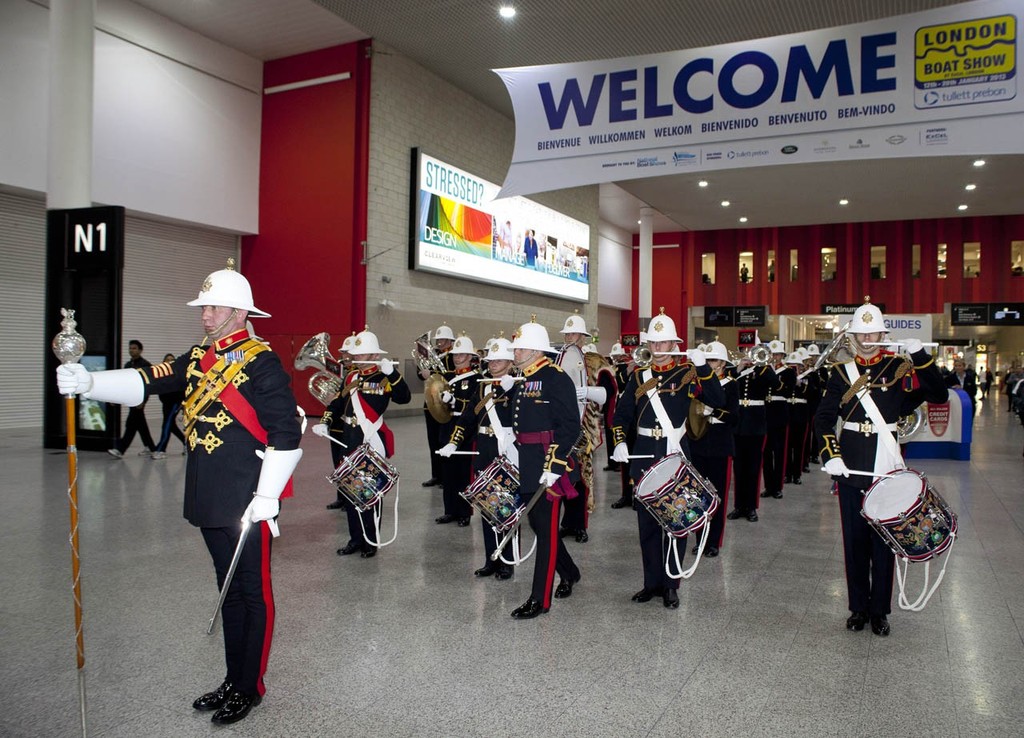 The Royal Marines Marching Band, Portsmouth open the 2013 Tullett Prebon London Boat Show, ExCeL, London © onEdition http://www.onEdition.com