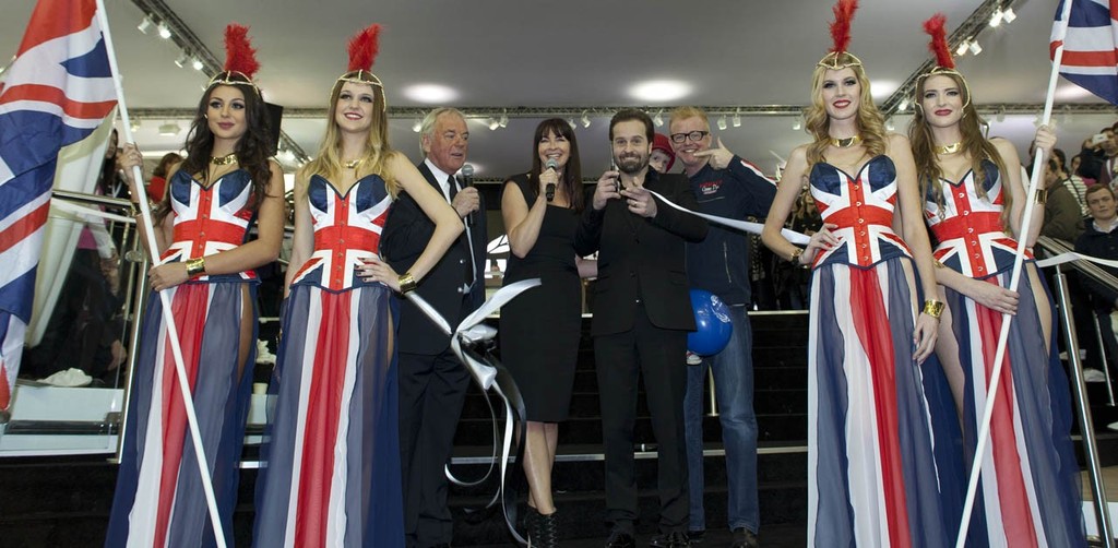 The launch of the Sunseeker Predator 68 at the 2013 Tullett Prebon London Boat Show, ExCeL, London.<br />
<br />
L to R: Robert Braithwaite, MD Sunseeker, Suzi Perry BBC Formula 1 commentator, singer Alfie Boe and radio and TV star Chris Evans. - 2013 London Boat Show © onEdition http://www.onEdition.com
