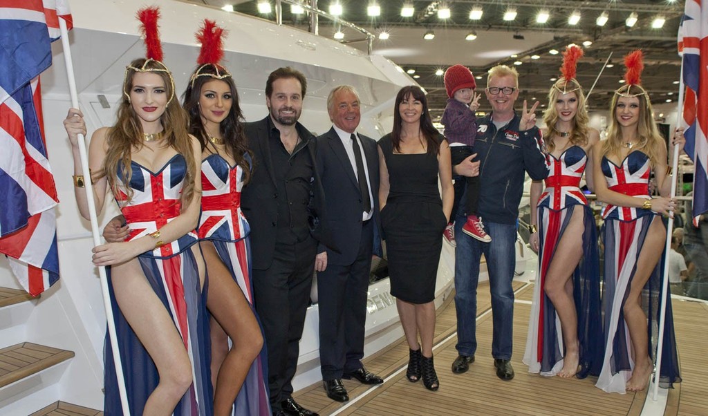 The launch of the Sunseeker Predator 68 at the 2013 Tullett Prebon London Boat Show, ExCeL, London.<br />
<br />
L to R: singer Alfie Boe, Robert Braithwaite, MD Sunseeker, Suzi Perry BBC Formula 1 commentator, and radio and TV star Chris Evans and son Noah. - 2013 London Boat Show © onEdition http://www.onEdition.com