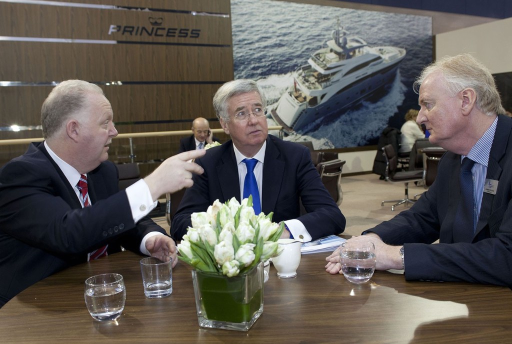 (L to R) Chris Gates the Managing Director of Princess Yachts, Michael Fallon the Minister for Business and Howard Pridding the CEO of the British Marine Federation at the Tullett Prebon London Boat Show, ExCeL, London. photo copyright onEdition http://www.onEdition.com taken at  and featuring the  class