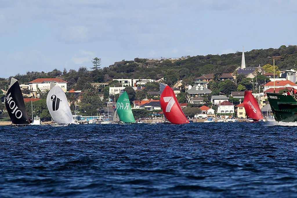 The five leaders coming down to the finish as a Manly ferry approaches - JJ Giltinan 18ft Skiff Championship 2013, Race 2 photo copyright Frank Quealey /Australian 18 Footers League http://www.18footers.com.au taken at  and featuring the  class