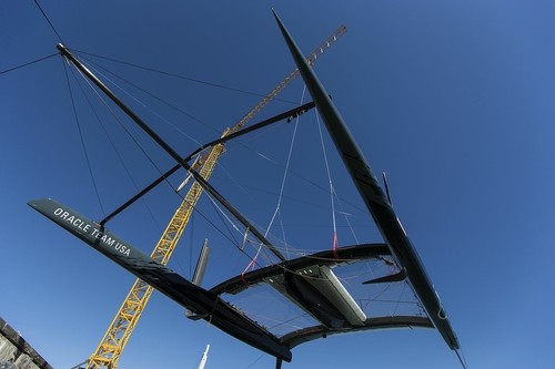 Oracle Team USA uses a system of cross beams to support hull loads, instead of the Y-structure favoured by Emirates Team NZ and Luna Rossa © Guilain Grenier Oracle Team USA http://www.oracleteamusamedia.com/