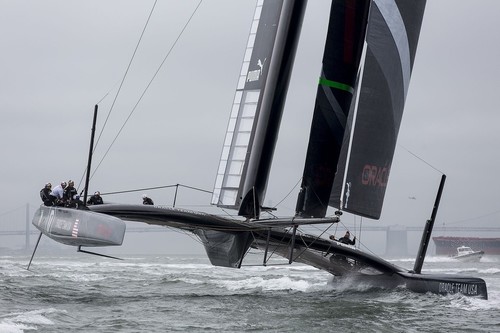 Oracle Team USA showing platform twist, with the windward hull being pulled up at its after end by the force from the sidestay. Her approach to cleaning up under platform structure drag is clearly visible. © Guilain Grenier Oracle Team USA http://www.oracleteamusamedia.com/