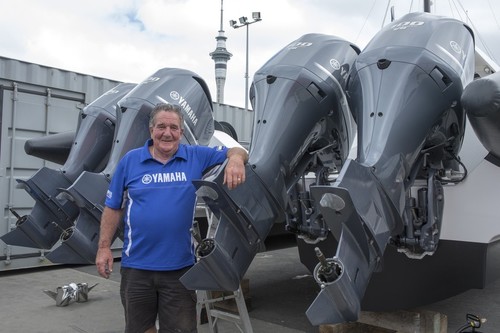 Hugh Stewart from Yamaha Motor NZ services the four 300Hp outboards on the Emirates Team New Zealand chase boat. © SW