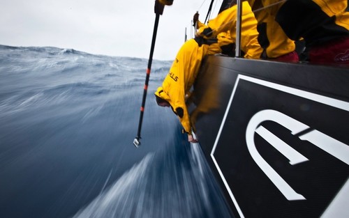 Craig Satterwaite works to tighten some through hull bolts whjile being filmed by Nick Dana on board Abu Dhabi using a Go-Pro on a pole. © Volvo Ocean Race http://www.volvooceanrace.com