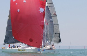 Frantic takes the stern of Invincible and in doing so becomes the last boat on the course to finish Race One. - Audi IRC Australian Championships photo copyright  John Curnow taken at  and featuring the  class