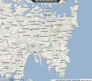Real time readings at Sydney Airport showing wind direction and the race area on Sydney Harbour using the real time Observations feature of PredictWind photo copyright PredictWind.com www.predictwind.com taken at  and featuring the  class