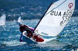 Queensland Ty Gummow  struggles in the strong breeze on the River Derwent - 2013 International Australian Optimist Championship photo copyright Dane Lojek taken at  and featuring the  class