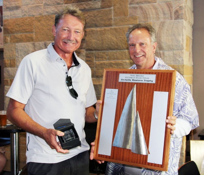 John Bertrand collects his Masters and Grand Masters trophy from Paul Woodman, RBYC Commodore. - Entire 2013 Etchells Victorian Championship ©  Alex McKinnon Photography http://www.alexmckinnonphotography.com