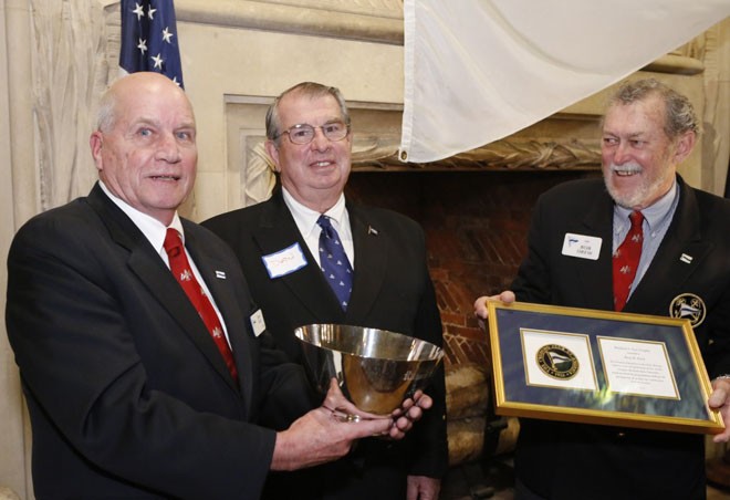 Brin R. Ford (left) accepts the 2012 Richard S. Nye Trophy from Cruising Club of America Commodore Daniel P. Dyer, III (center) and Awards Chair Bob Drew (right) for his contributions to the Club in the form of meritorious service. © Dan Nerney 