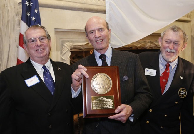 David S. Cowper (center) accepts the 2012 Blue Water Medal from Cruising Club of America Commodore Daniel P. Dyer, III (left) and Awards Chair Bob Drew (right) for his completion of six solo circumnavigations of the World and five solo transits of the Northwest Passage. © Dan Nerney 