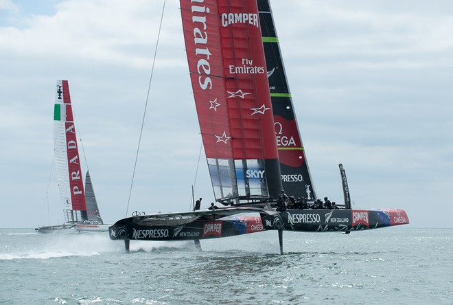 Emirates Team New Zealand training with Luna Rossa in their second AC72, NZL5 on the Hauraki Gulf, Auckland. 1/3/2013 © Chris Cameron/ETNZ http://www.chriscameron.co.nz