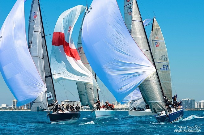 Barking Mad, far right, leads a group of four Farr 40s during a downwind leg at the Miami Beach Invitational © Sarah Proctor