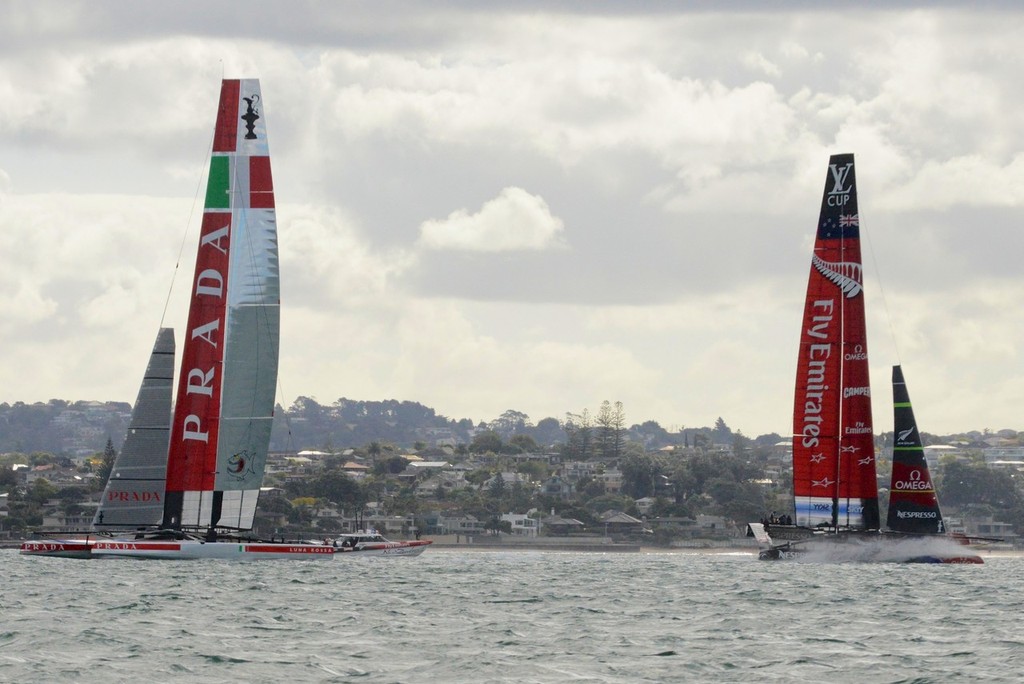 NZA is around in front by a handy margin with Luna Rossa tacking to  round. Big bury of the bow as ETNZ accelerates through the ``Zone of Death`` - Emirates Team NZ and Luna Rossa Race Training - March 6, 2013 photo copyright Sail-World.com/NZ  taken at  and featuring the  class
