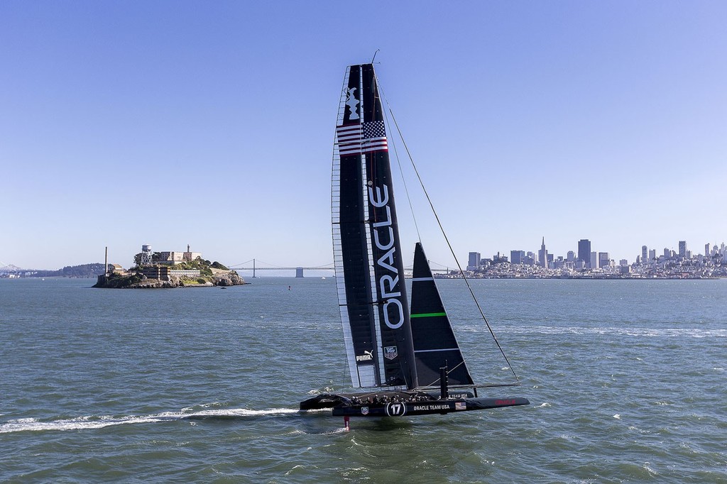 Oracle Team USA sailing in San Francisco (USA) - the America&rsquo;s Cup will be sailed on the water between Alcatraz (to the left) and Marina Green ahead of the AC72 photo copyright Guilain Grenier Oracle Team USA http://www.oracleteamusamedia.com/ taken at  and featuring the  class