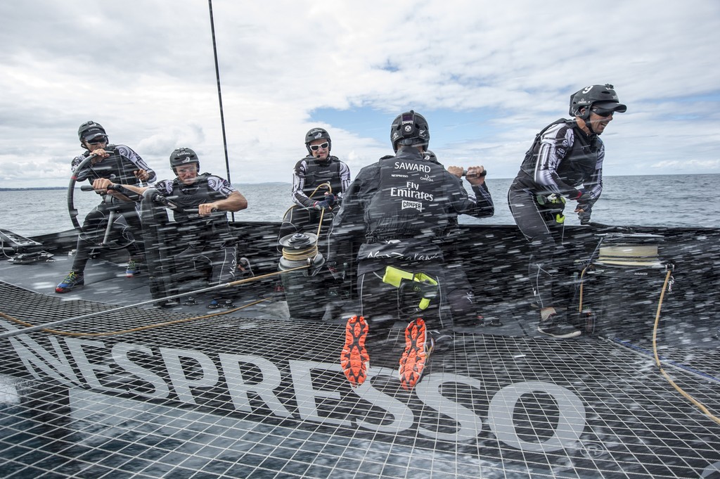 Glenn Ashby (white sunglasses) trimming the wingsail aboard NZL5 © Chris Cameron/ETNZ http://www.chriscameron.co.nz