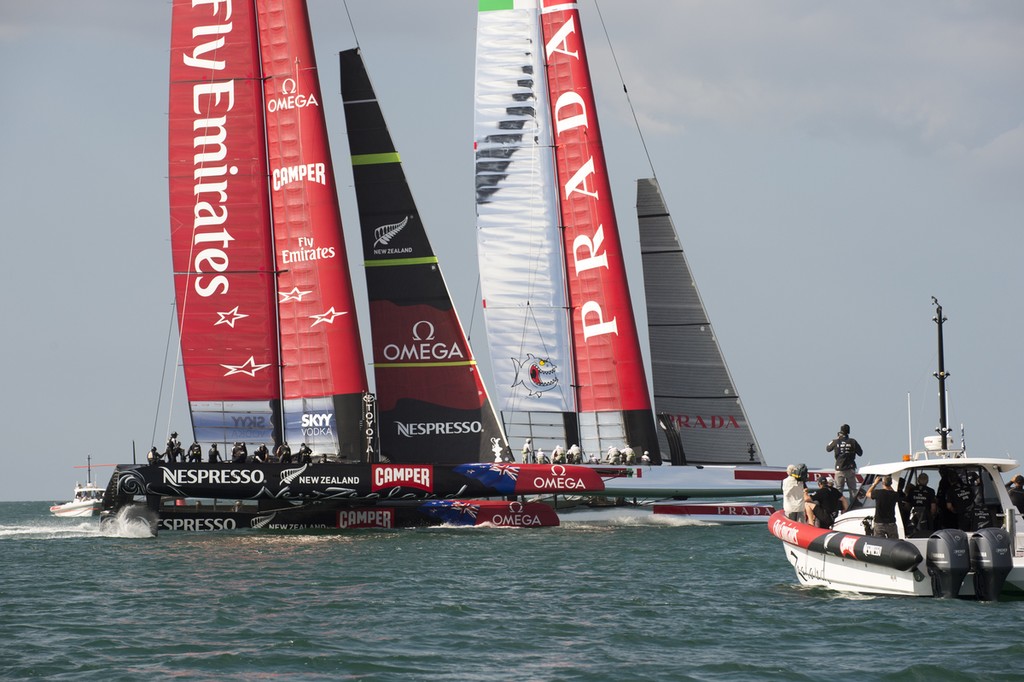 Emirates Team New Zealand and Luna Rossa start a practice race on the Hauraki Gulf.  A Jury Decision stymied many of the benefits from the design sharing - although permitted by the then Protocol. © Chris Cameron/ETNZ http://www.chriscameron.co.nz