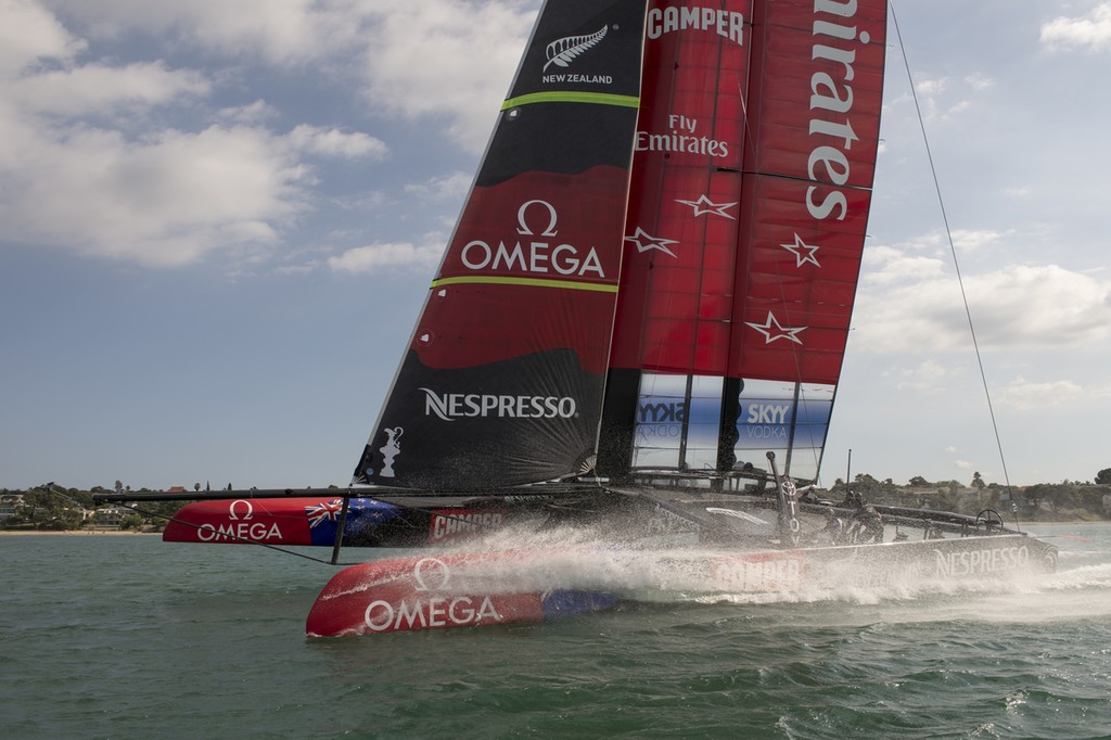 Emirates Team New Zealand enters the start box for a practice race with Luna Rossa  on the Hauraki Gulf.  8/3/2013 - Emiratres Team NZ and Luna Rossa, Practice Racing March 8, 2013, Takapuna, NZNZ photo copyright Chris Cameron/ETNZ http://www.chriscameron.co.nz taken at  and featuring the  class