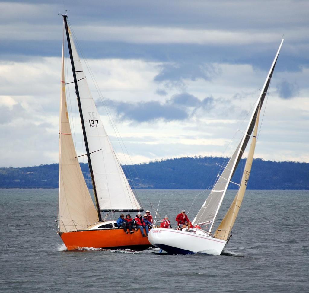 Kaiulani and Alibi II crossing tacks off Long Point, Sandy Bay. - Hobart´s Combined Clubs Harbour Race series © Campbell Peter