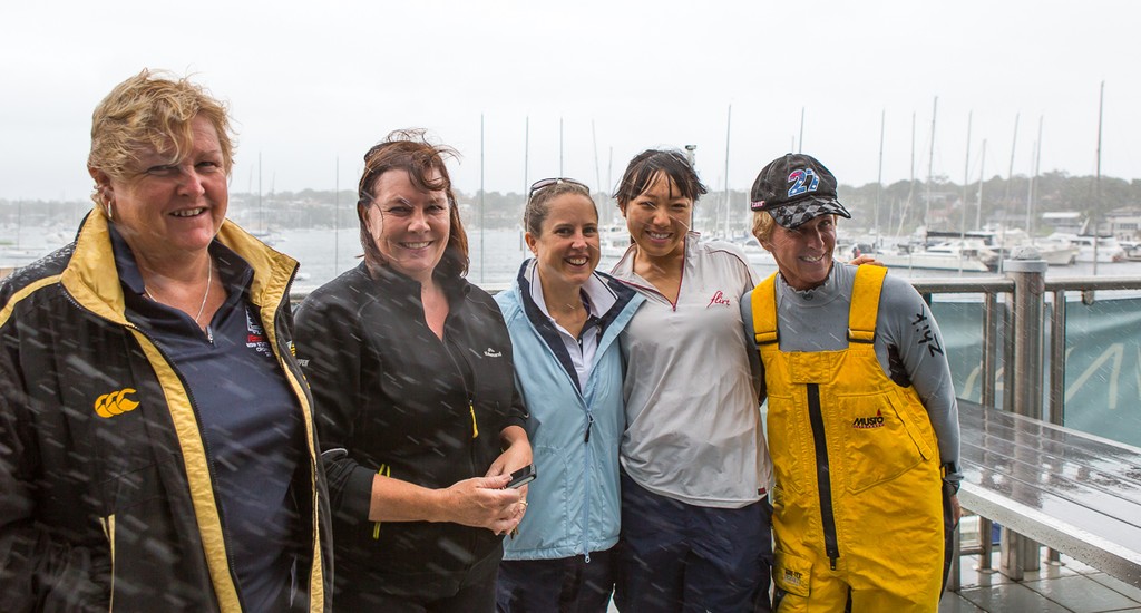 Lining up in the driving rain are Vicky Weeks, Christine Short, Kate Beasley, Antonia Fong and Jeanne-Claude Strong. - 2013 Etchells NSW Championship © Kylie Wilson Positive Image