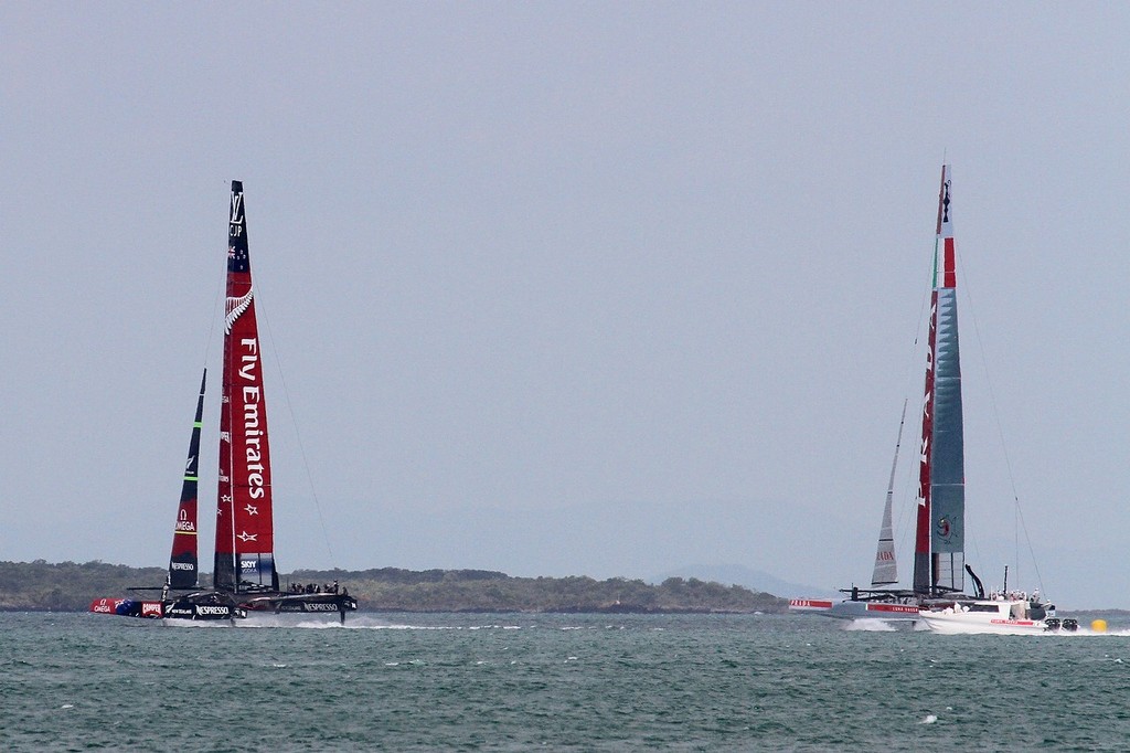 Rounding the first mark (just visible astern of Luna Rossa) both boats are foiling at this point - but are yet to gybe - AC72 Race Practice - Takapuna March 8, 2013 photo copyright Richard Gladwell www.photosport.co.nz taken at  and featuring the  class