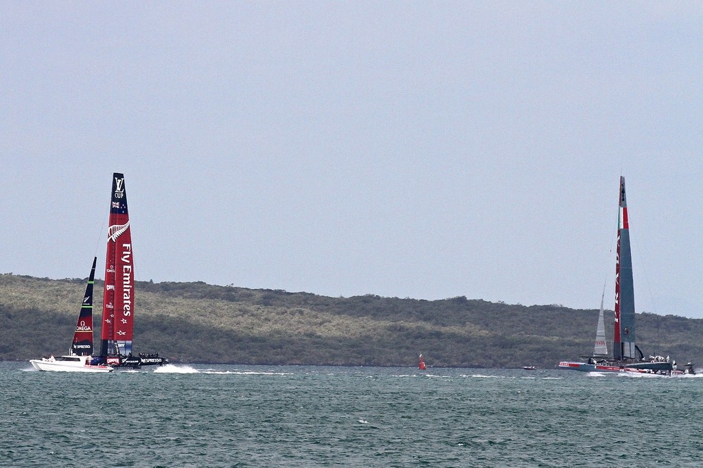 Emirates Team NZ has a big margin in terms of distance, but maybe not in time- AC72 Race Practice - Takapuna March 8, 2013 photo copyright Richard Gladwell www.photosport.co.nz taken at  and featuring the  class