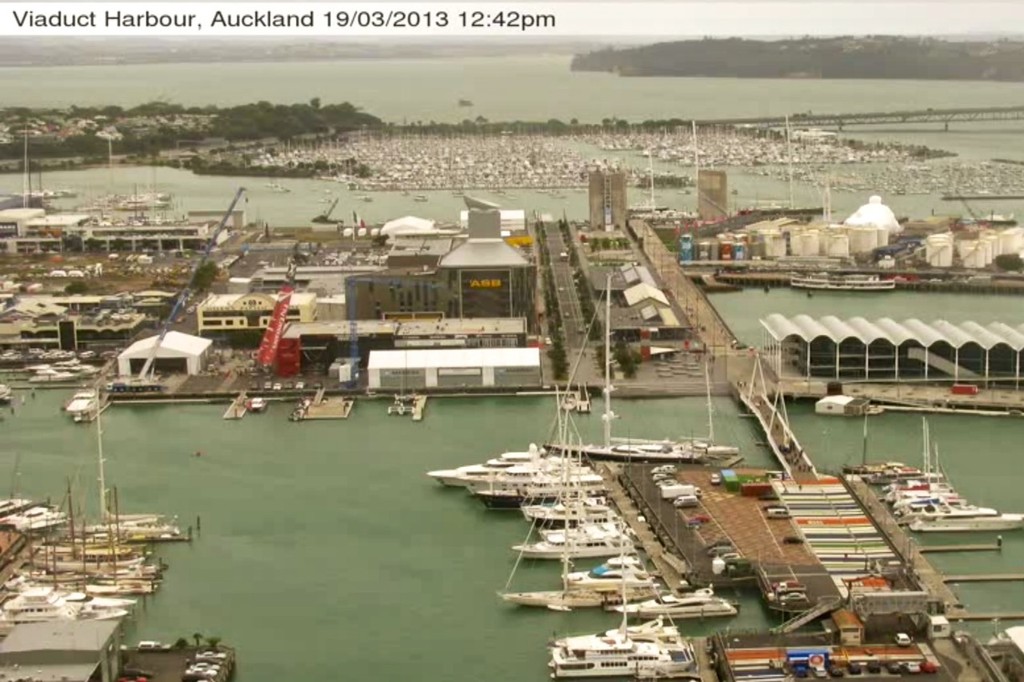 Emirates Team NZ’s wingsail apparently hits the side of the team’s base in the Viaduct Harbour photo copyright SW taken at  and featuring the  class