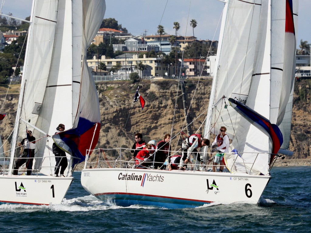 2013 Port of Los Angeles Harbor Cup - Charleston leads Cal Maritime off the windward mark © Rich Roberts / photo boat captain Mike Learned .