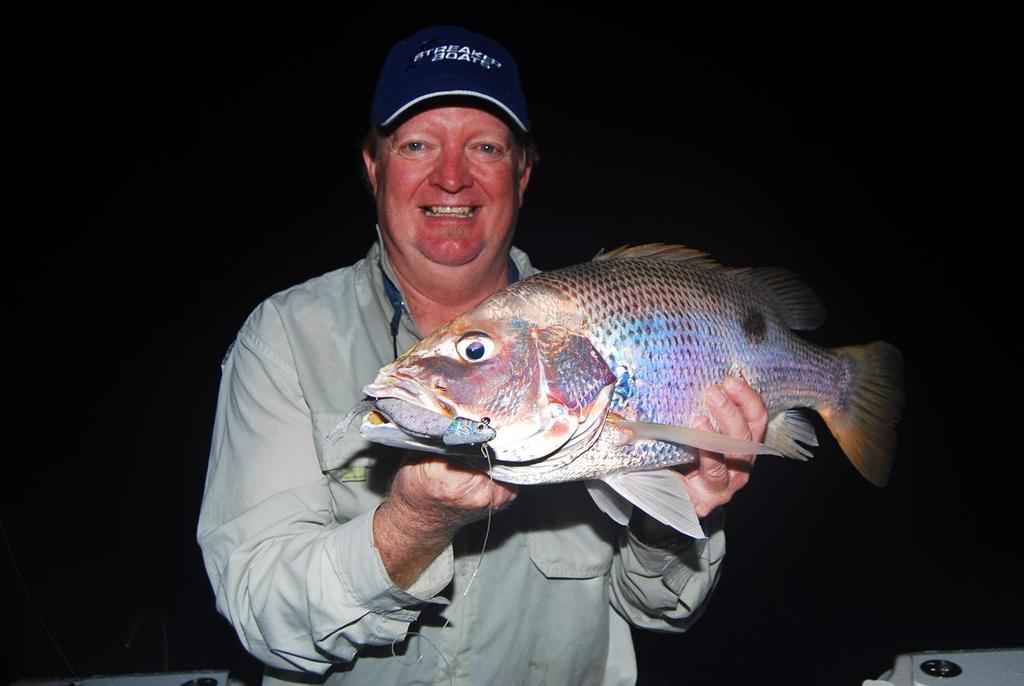 Fingermark are a favourite night time target.  They respond well to jerkshads jigged hard around isolated structure.  Graham Brake took this one on a Berkley Gulp 7`` Jerkshad. photo copyright Lee Brake taken at  and featuring the  class