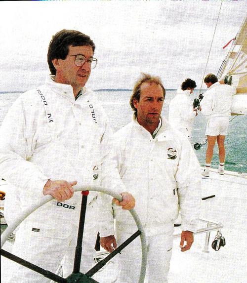 Sir Michael Fay and David Barnes (right) aboard KZ-1, the 1988 America’s Cup Challenger  © SW