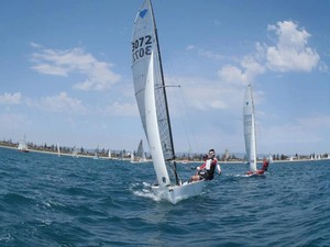 Boogie Nights and Beam Me Up enjoying the perfect conditions at Largs Bay Sailing Club - SA Cherub come and try day photo copyright Michael Tozer taken at  and featuring the  class