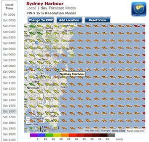 Wind Wind strength and direction map for Sydney Harbour at 1600hrs - February 23, 2013 photo copyright PredictWind.com www.predictwind.com taken at  and featuring the  class