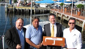 Scott Kennan (Ricoh) and Paul Dutch State Manager Ricoh (centre) are presented with the half model by CYCA Commodore Howard Piggott and Vice Commodore John Cameron photo copyright CYCA Staff . taken at  and featuring the  class