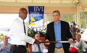 Hon. Myron Walwyn, Minister for Education & Culture presents Intrepid's tiller to Professor Geoff Brooks,
curator of the Virgin Islands Maritime Museum - 2013 BVI Spring Regatta and Sailing Festival photo copyright  Todd Van Sickle taken at  and featuring the  class