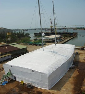 Shrink wrapping the Douce France. Day 7. photo copyright Yacht Solutions Ltd taken at  and featuring the  class