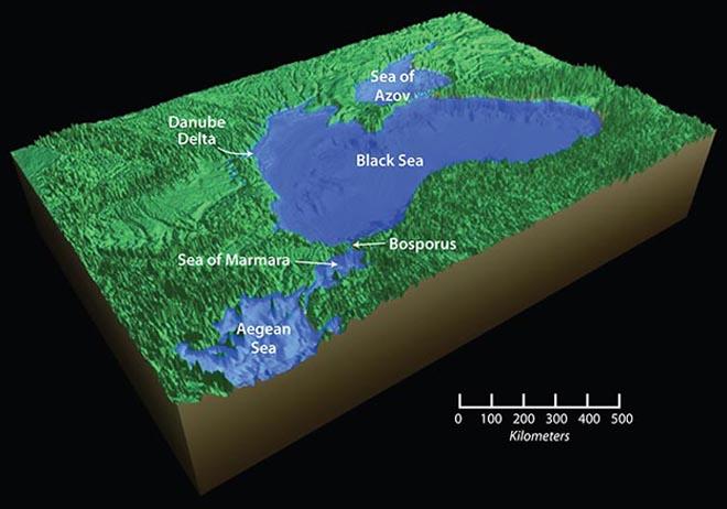 The breach of the Bosporus sill connected the Black Sea to the Sea of Marmara and the world ocean. As glaciers melted and global sea levels began to rise, the Black Sea also rose, bringing it to its present day level. © Jack Cook / WHOI http://www.whoi.edu/
