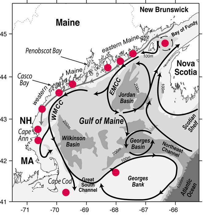 Proposed Gulf of Maine deployment sites for ESP instruments in a regional network configuration. This scenario will require more instruments than are currently in hand © Don Anderson / WHOI http://www.whoi.edu/