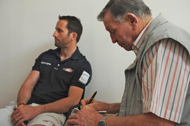 Bob Fisher tries to interview Ben Ainslie, over the din from the photographers - America’s Cup WS, Naples Media Conference April 16, 2013 ©  SW