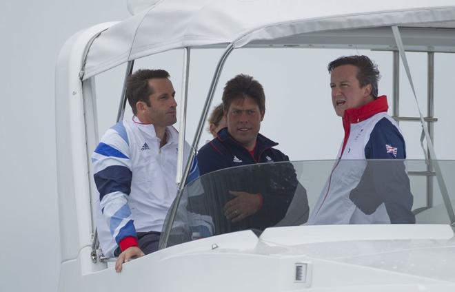 British Prime Minister David Cameron (right)  with Ben Ainslie, and Andrew Simpson (centre)  at the Weymouth and Portland Sailing Academy, in The London 2012 Olympic Sailing Competition. © onEdition http://www.onEdition.com